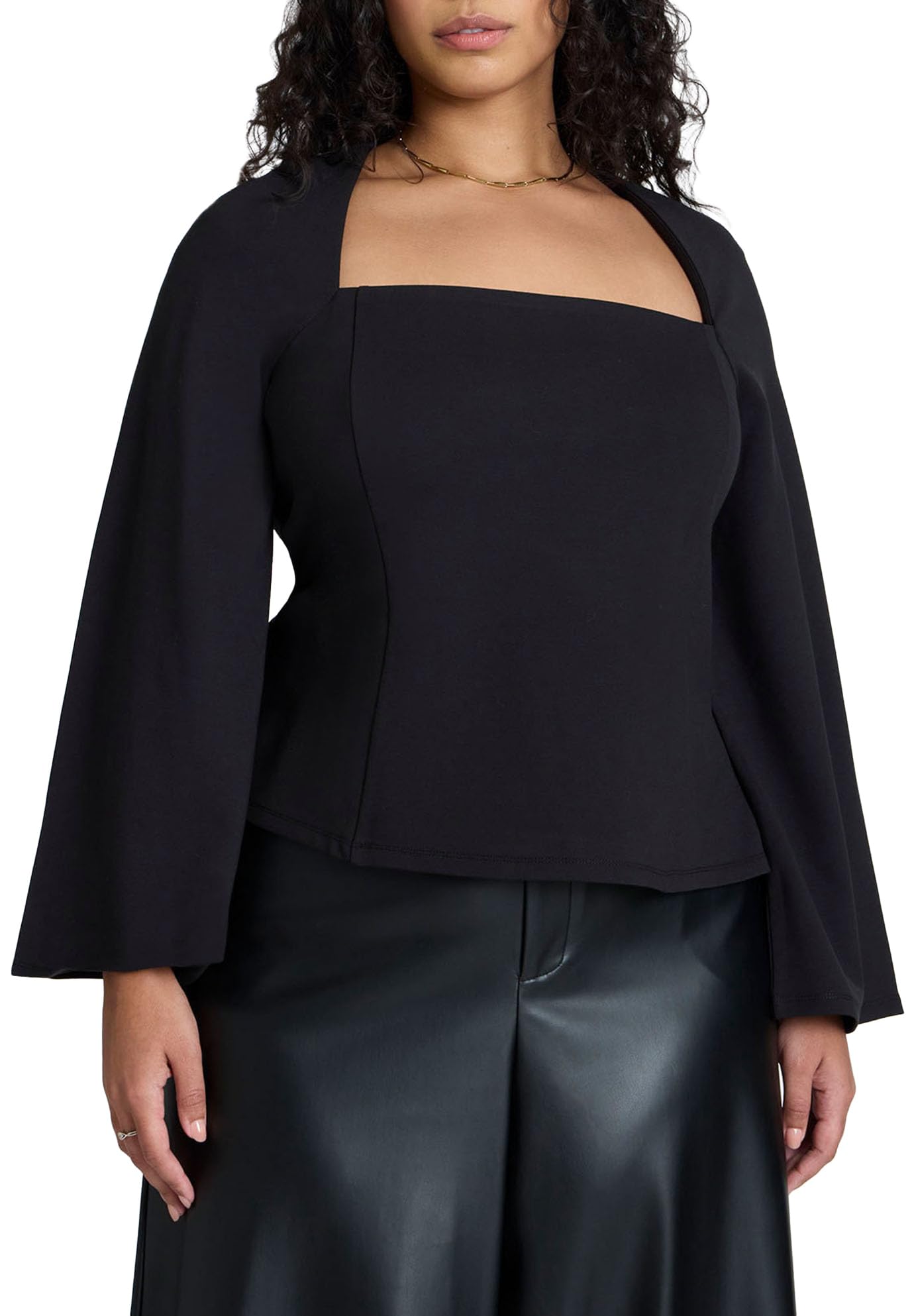 ELOQUII Women's Plus Size Square Neck Seam Detail Top - 24, Black Onyx