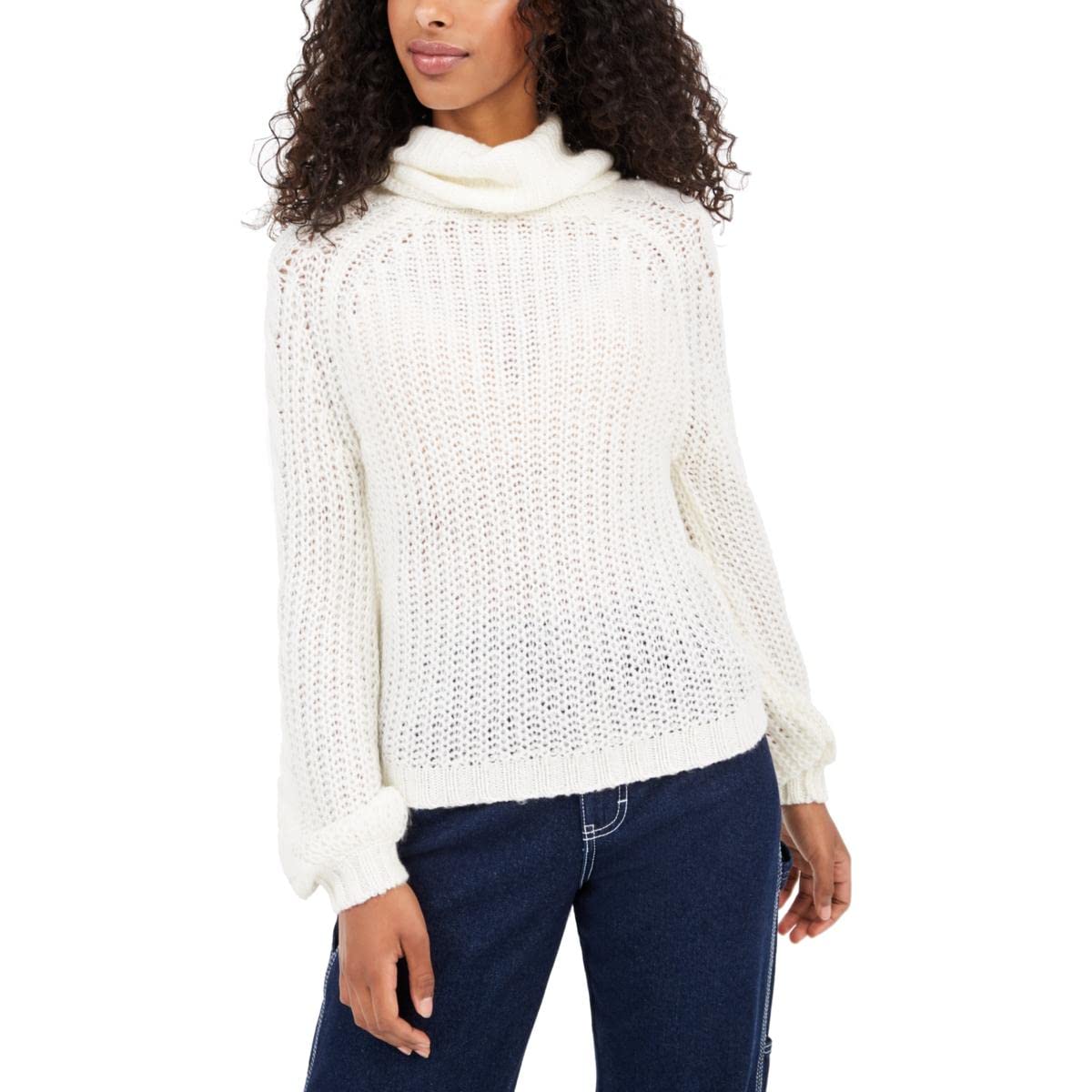 Planet Gold Womens Juniors Crochet Cowl Neck Sweater White S