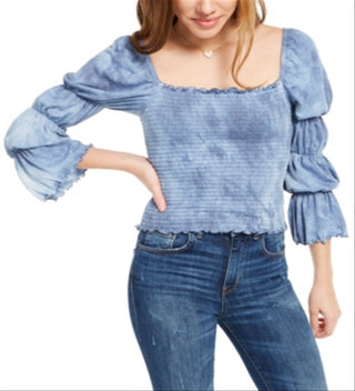 Rewash Junior's Tie Dyed Smocked Ruffle TrimTop Blue Size Small