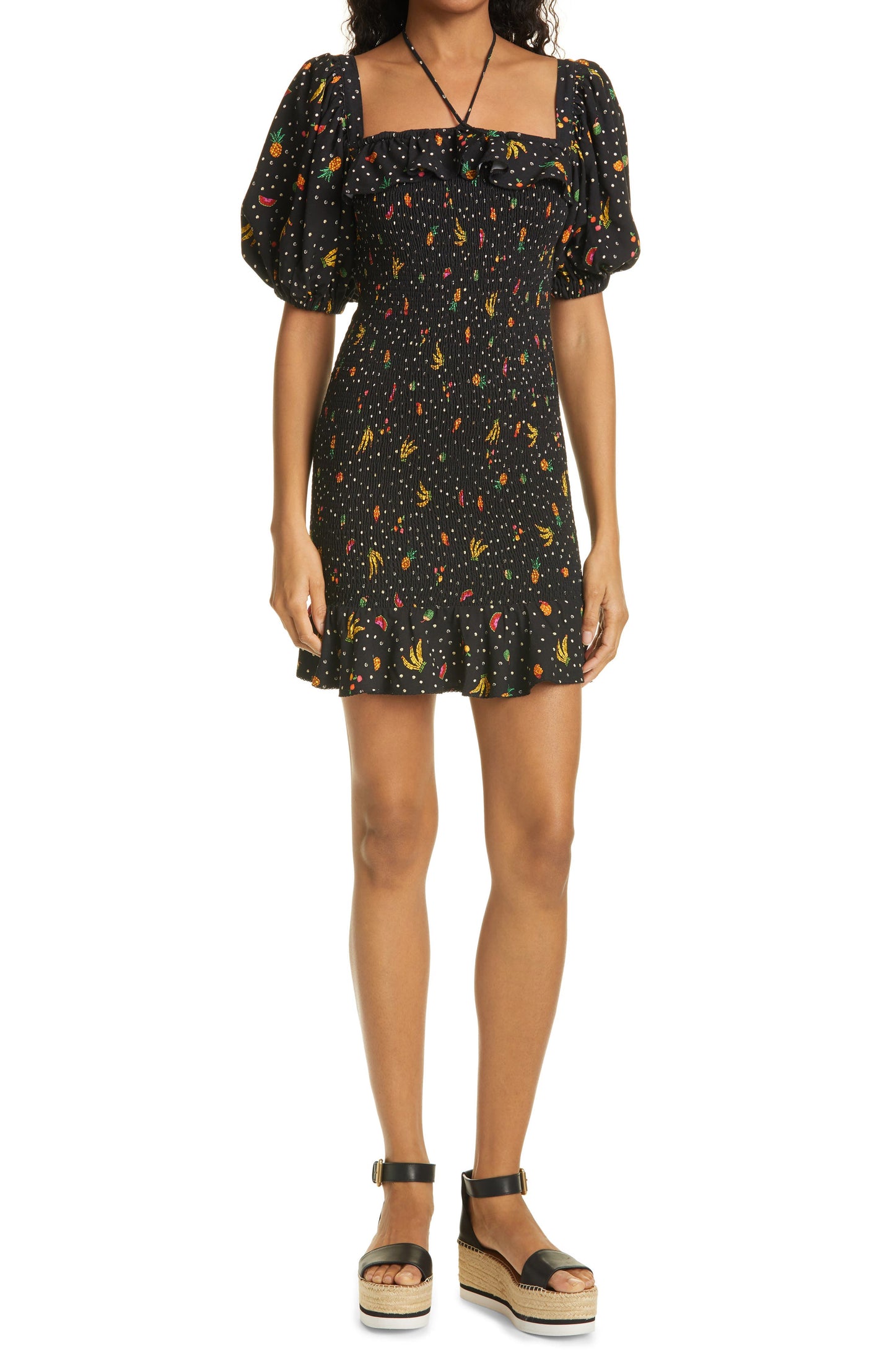 FARM Rio Tiny Fruits Puff Sleeve Smocked Minidress, Size X-Small in Black at Nordstrom