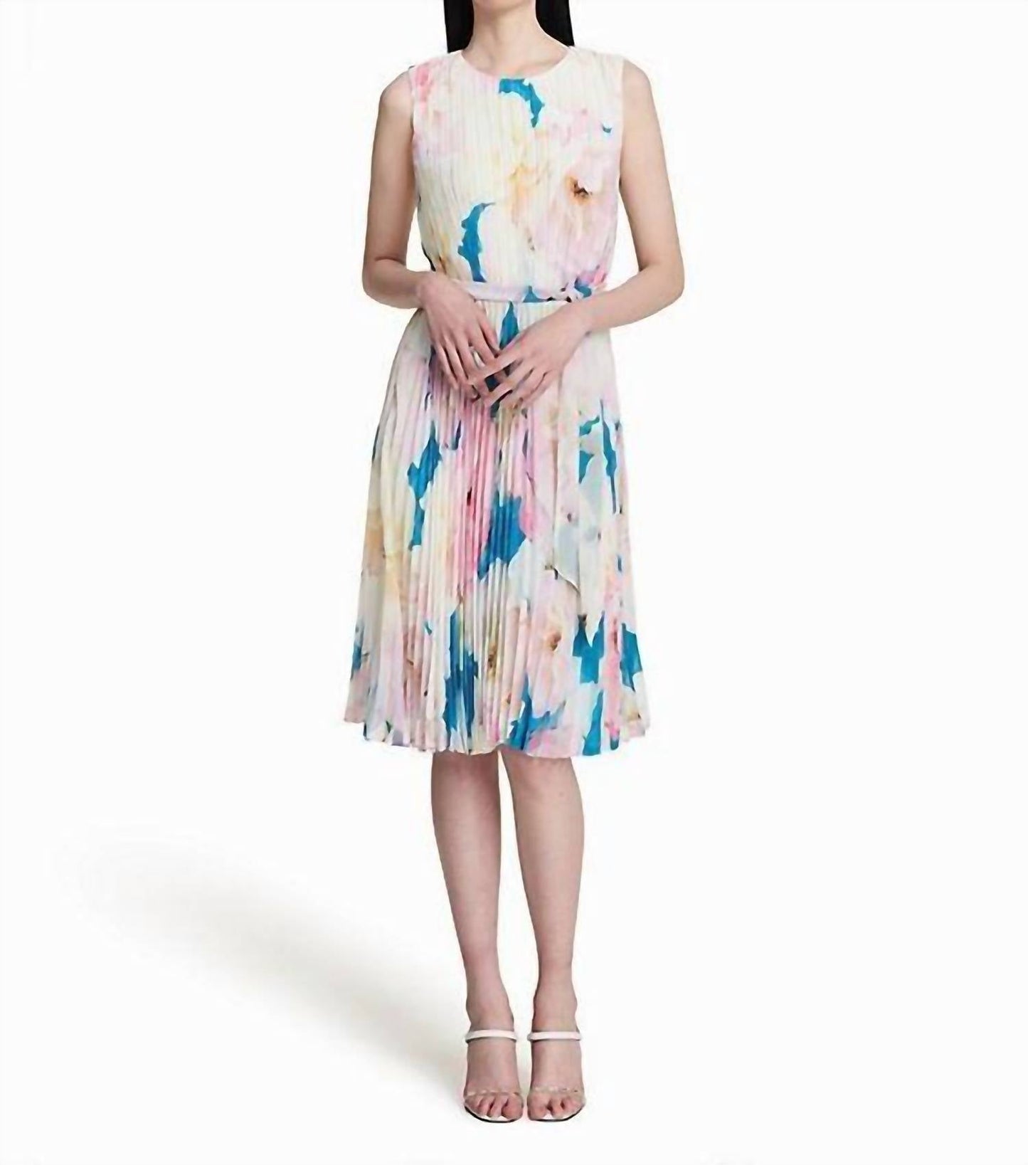 Calvin Klein - Floral Print Pleated Belted A Line Dress