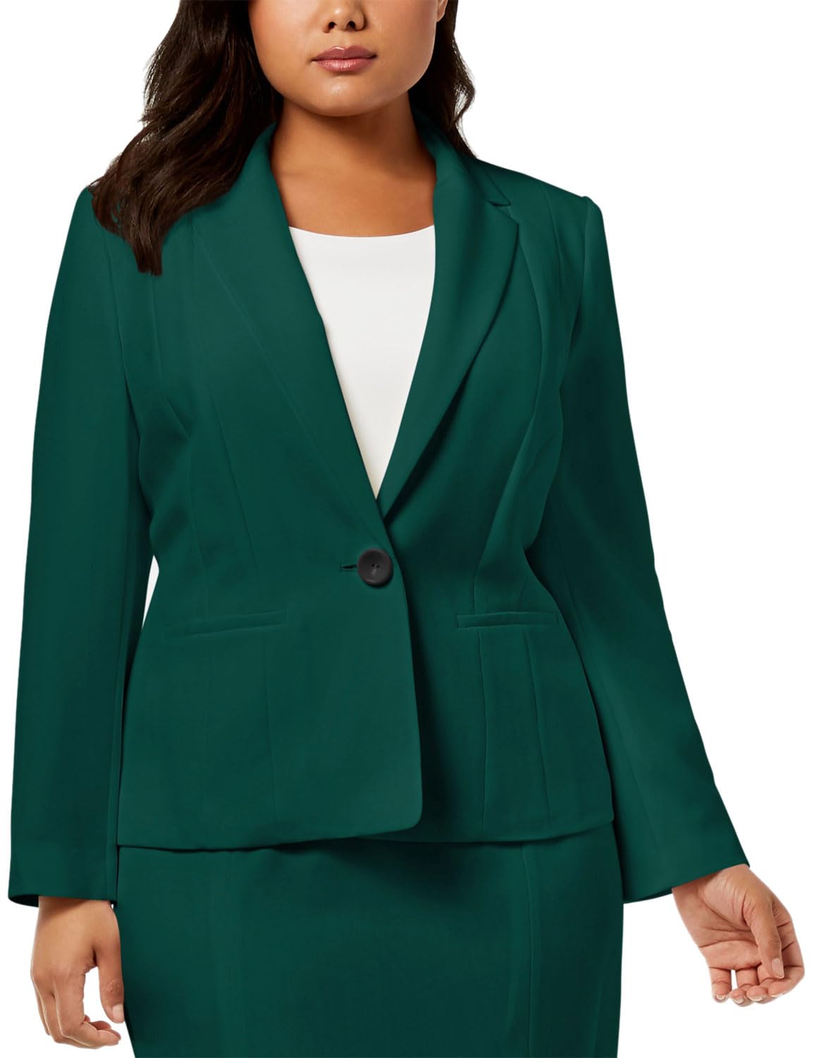 Kasper Womens Plus Size Stretch Crepe One Button Panel Seamed Blazer Evergreen
