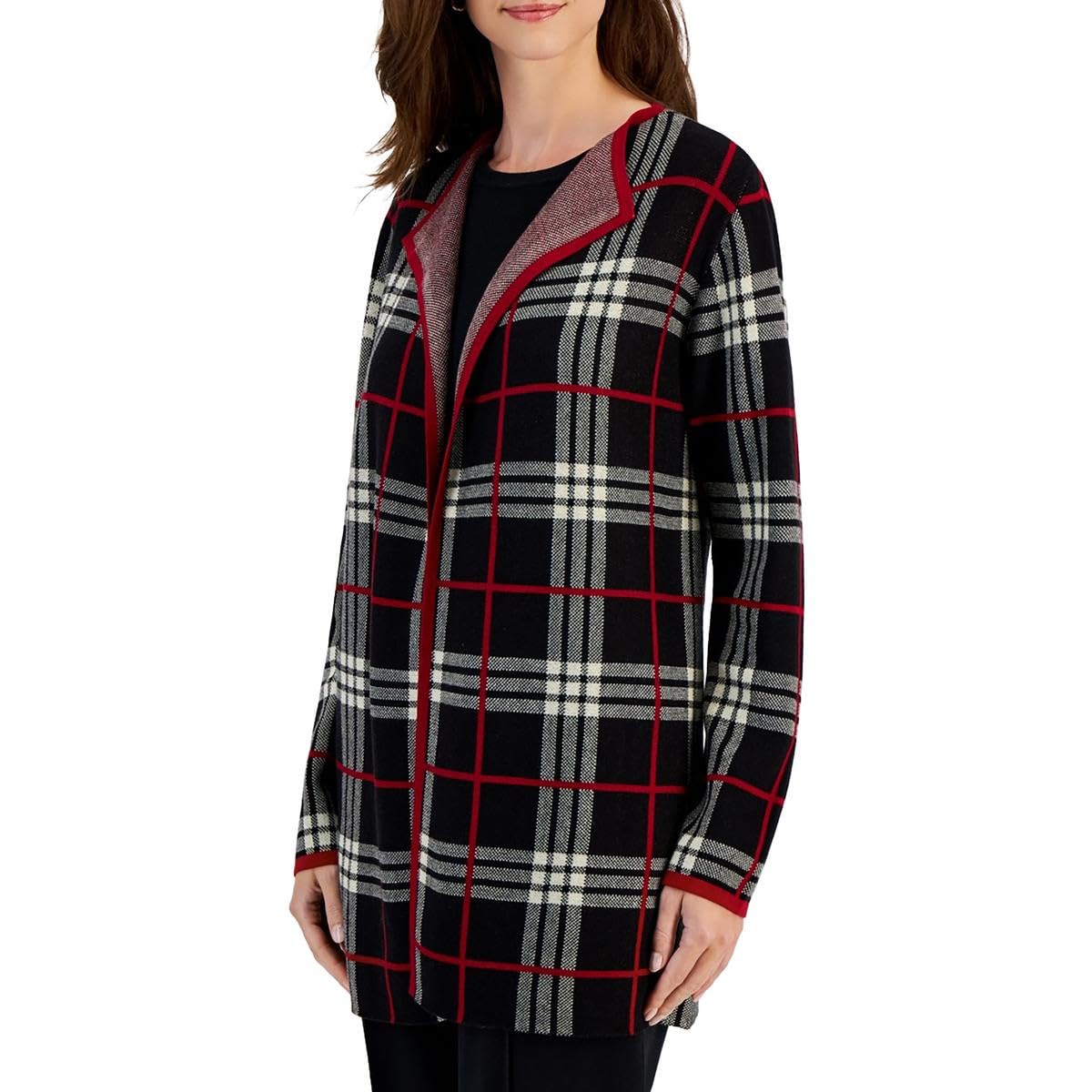Kasper Edge to Edge Plaid Cardigan Sweater Black Multi