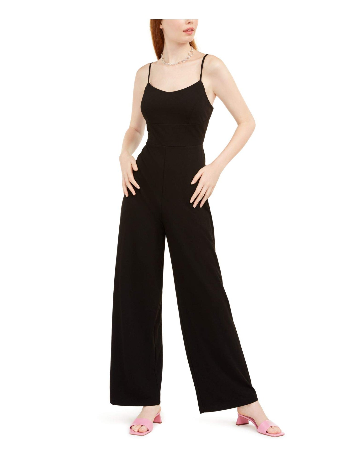 Teeze Me Womens Juniors Lace-Up Back Scoop Neck Jumpsuit Black 5