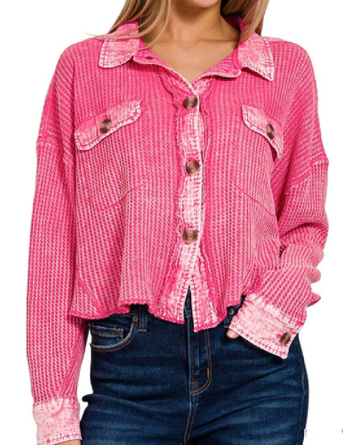 Zenana - Acid Wash Waffle Knit Crop Shacket