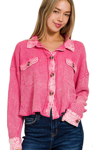 Zenana - Acid Wash Waffle Knit Crop Shacket