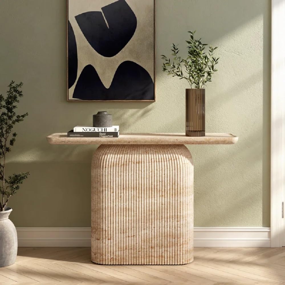 Studio London Capri Console Table  Modern Hallway Sofa Accent Table with Faux Travertine Finish Ribbed Base Entryway Design for Living Room and Contemporary Home Decor