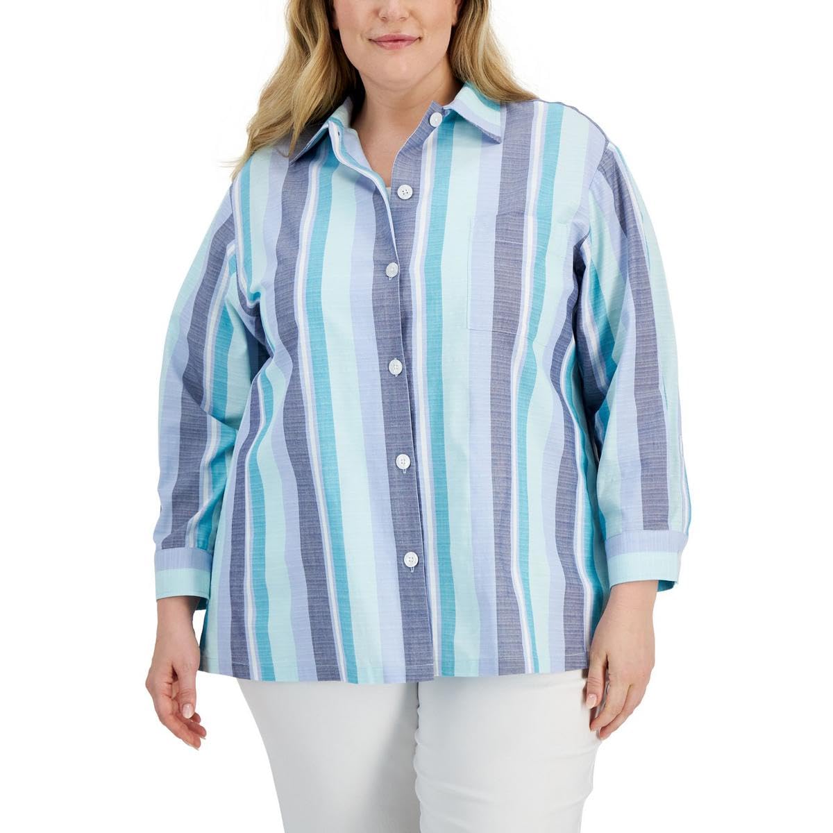 Anne Klein Womens Plus Collared Striped Button-Down Top Blue 1X
