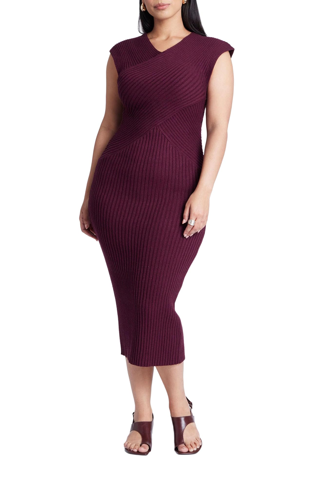 ELOQUII Women's Plus Size Cross Front Rib Midi Sweater Dress - 22/24, Merlot