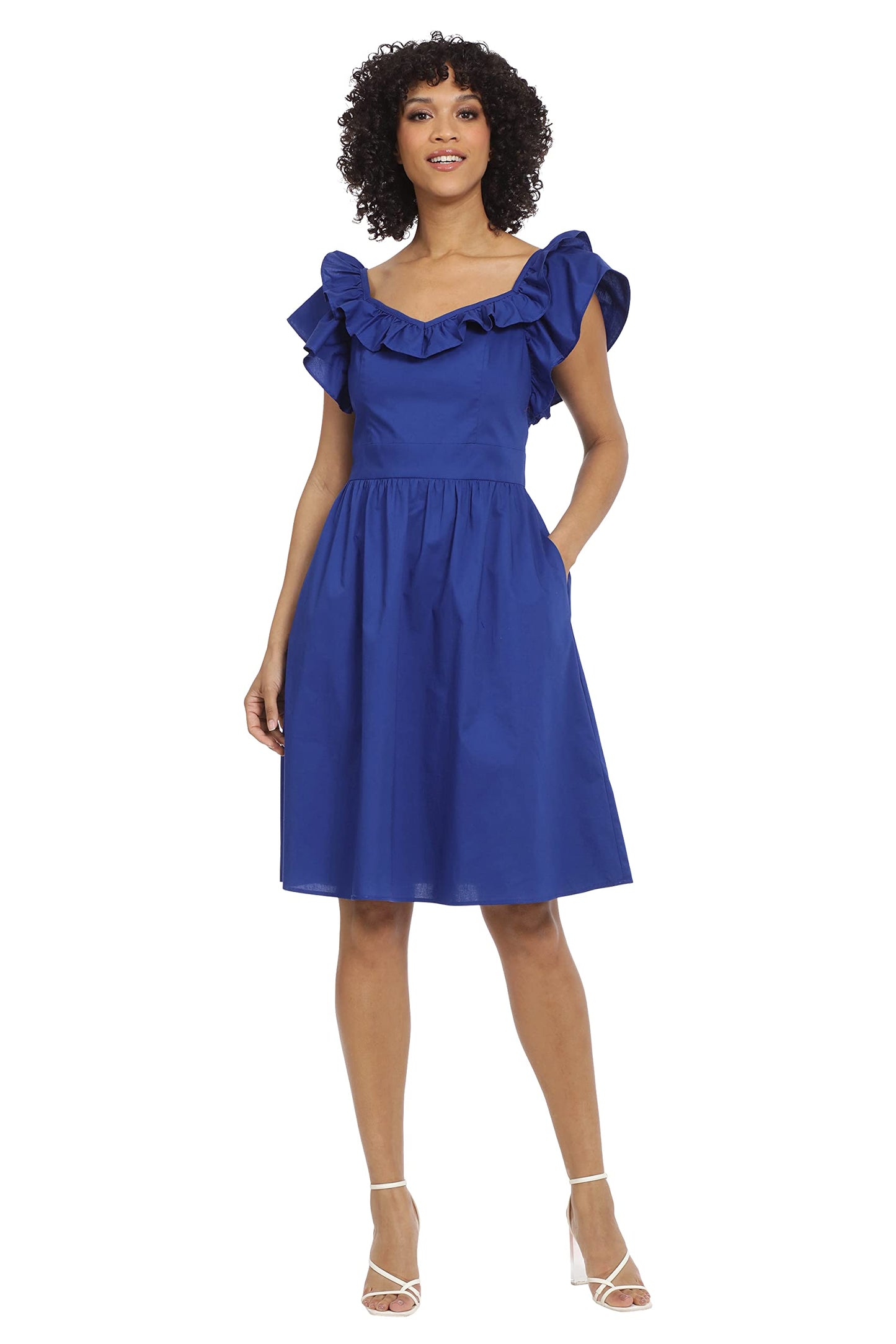 Maggy London Women's Ruffle Details Cotton Poplin Dress, Sodalite Blue