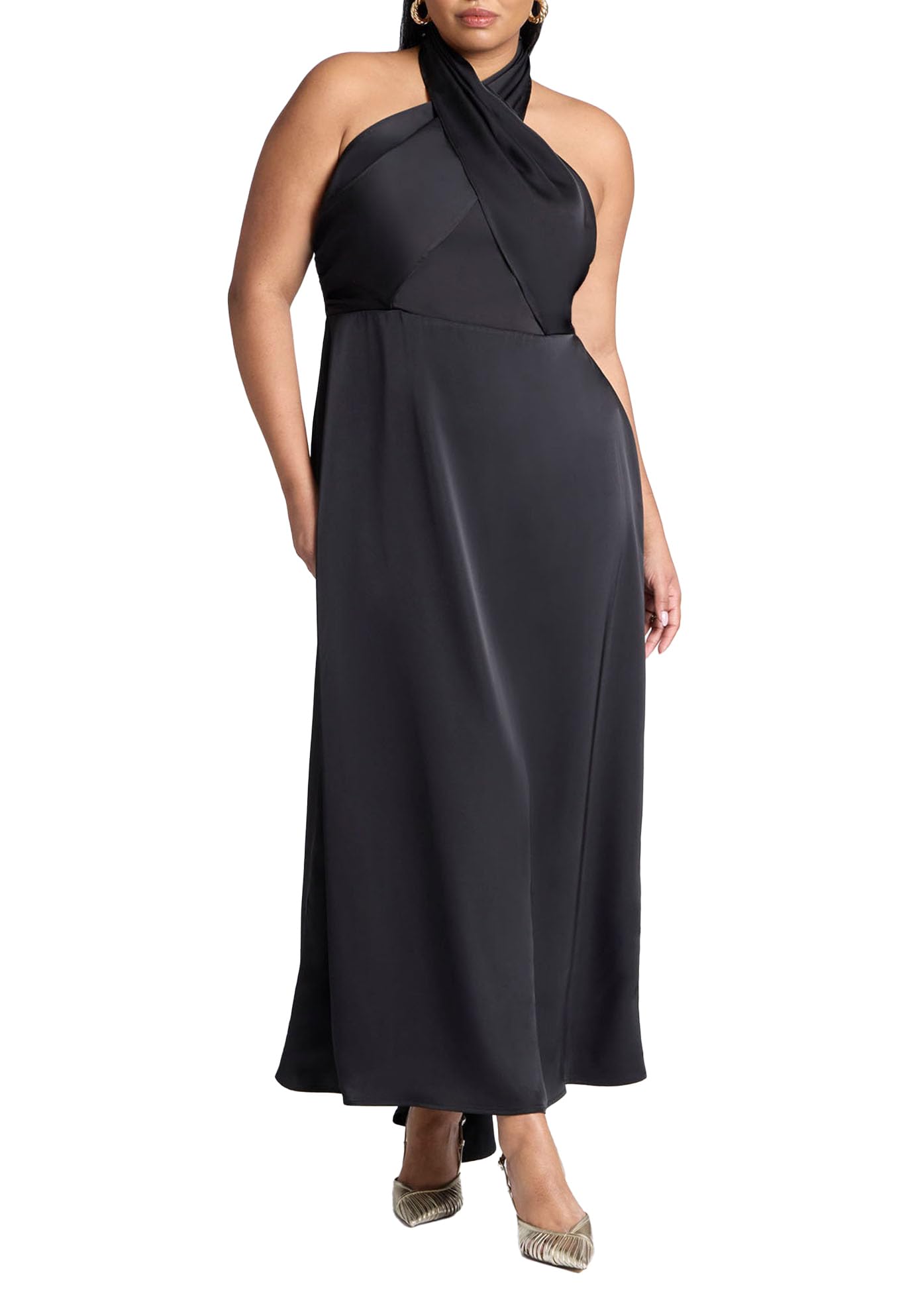 ELOQUII Women's Plus Size Halter Neck Satin Maxi Dress - 14, Black Onyx
