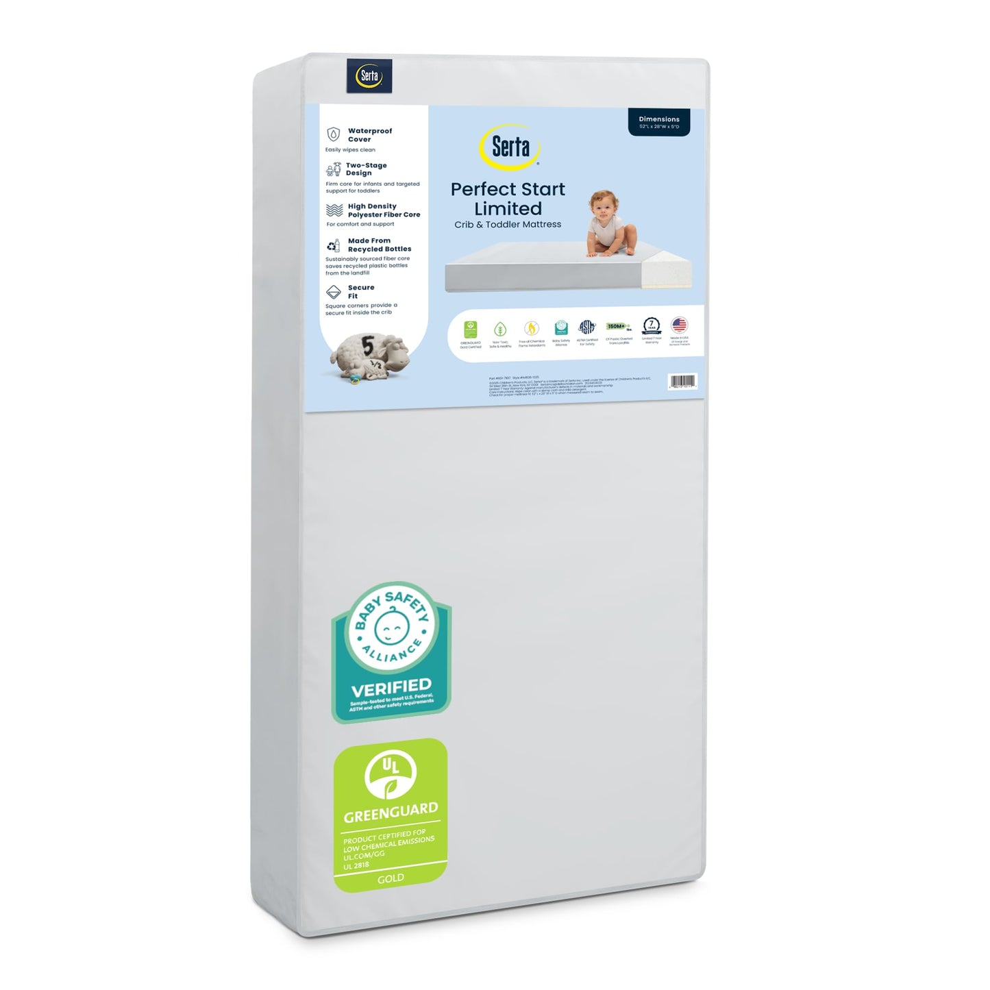 Serta Perfect Start Limited Dual Sided Baby Crib Mattress and Toddler Mattress Breathable Fiber Core GREENGUARD Gold Certified Waterproof 7 Year Warranty Made in USA