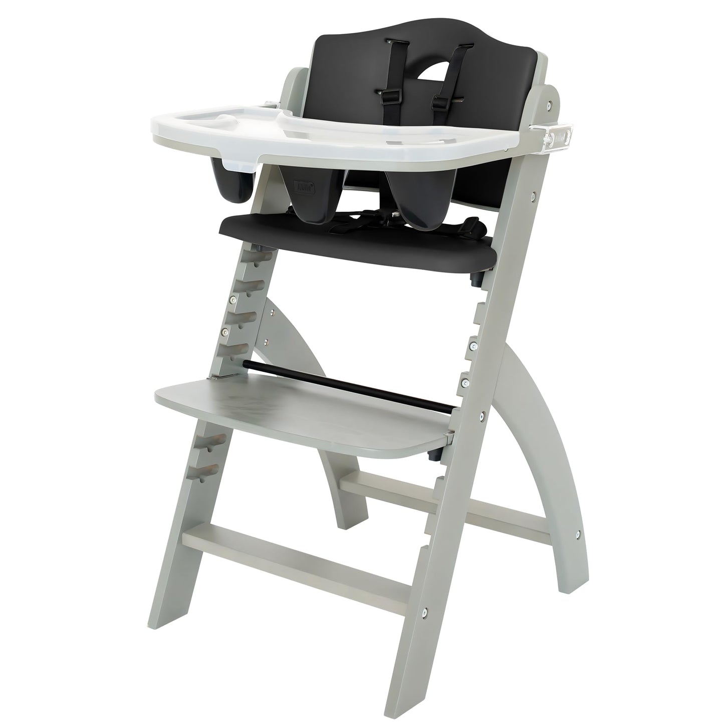 Abiie Beyond Junior Wooden High Chair with Tray  Adjustable and Convertible High Chair for Babies and Toddlers  6 Months to 250 Lb  Water Resistant  Misty Grey WoodBlack Pearl Cushion