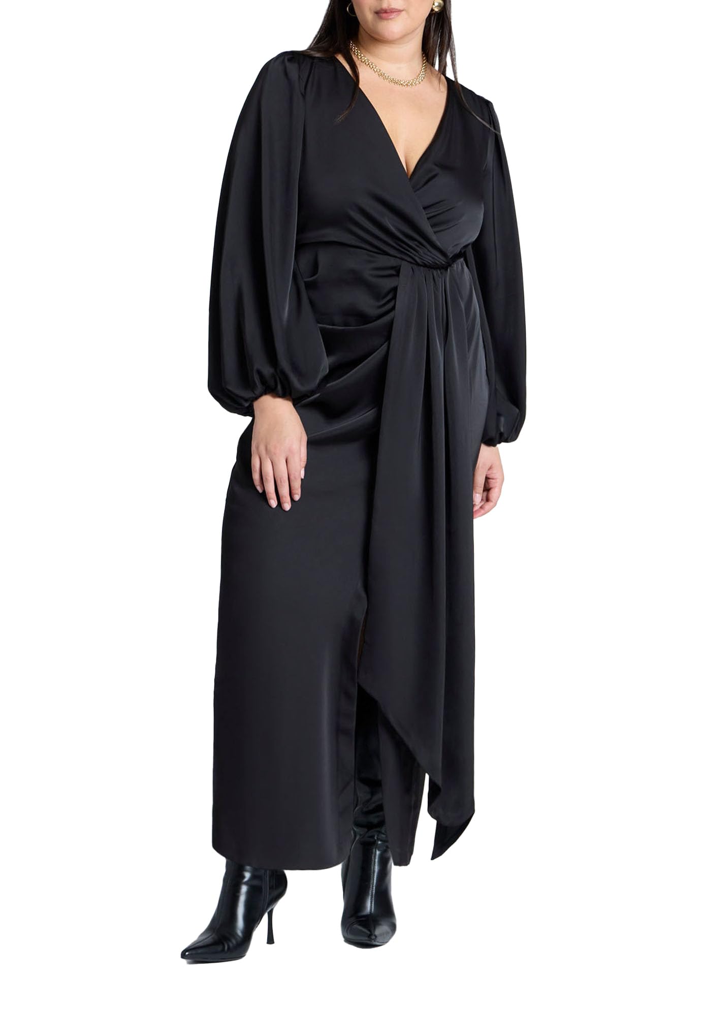 ELOQUII Women's Plus Size Pleated Satin -Sleeve Maxi Dress - 20, Black Onyx