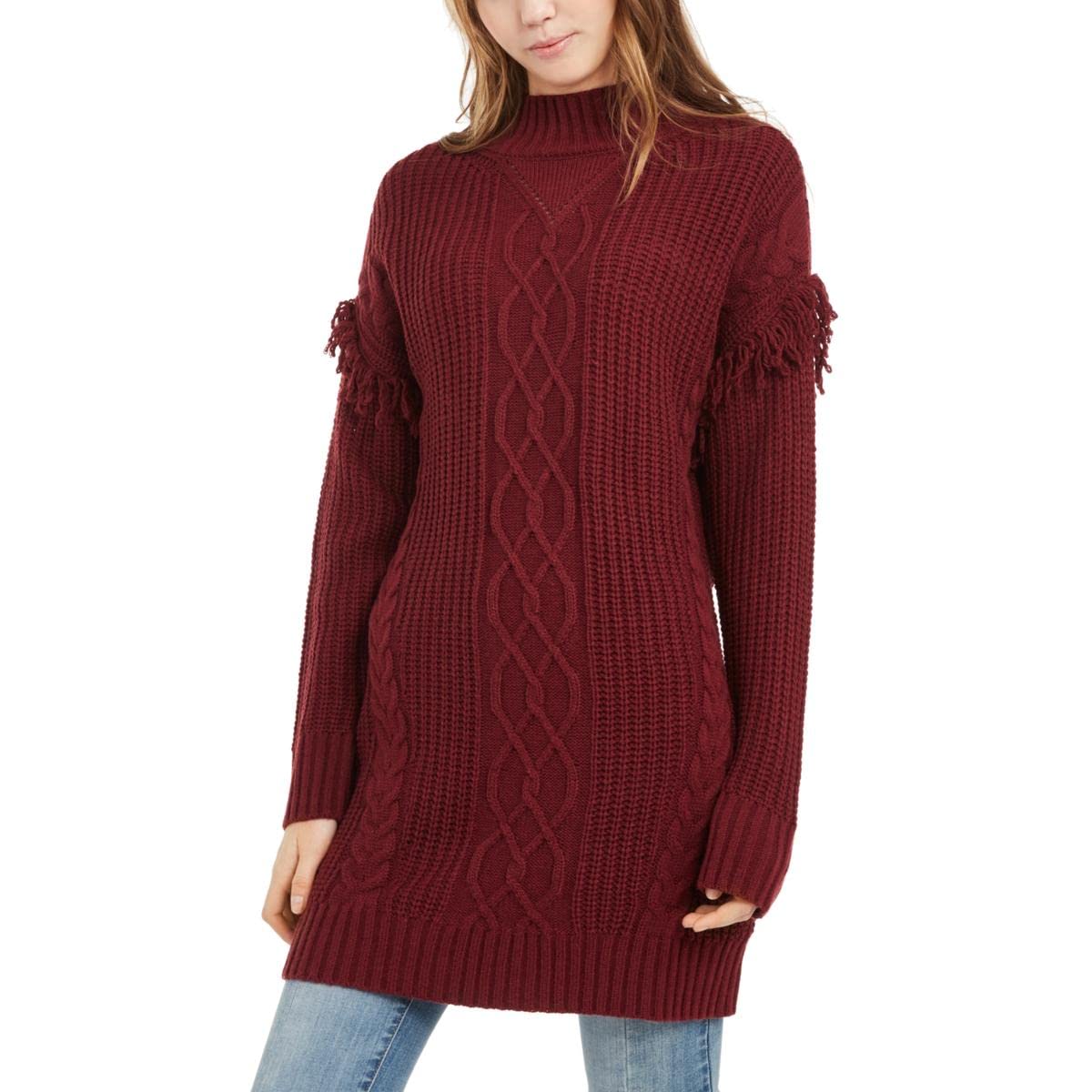 American Rag Womens Cable Knit Firinge Tunic Sweater Red S