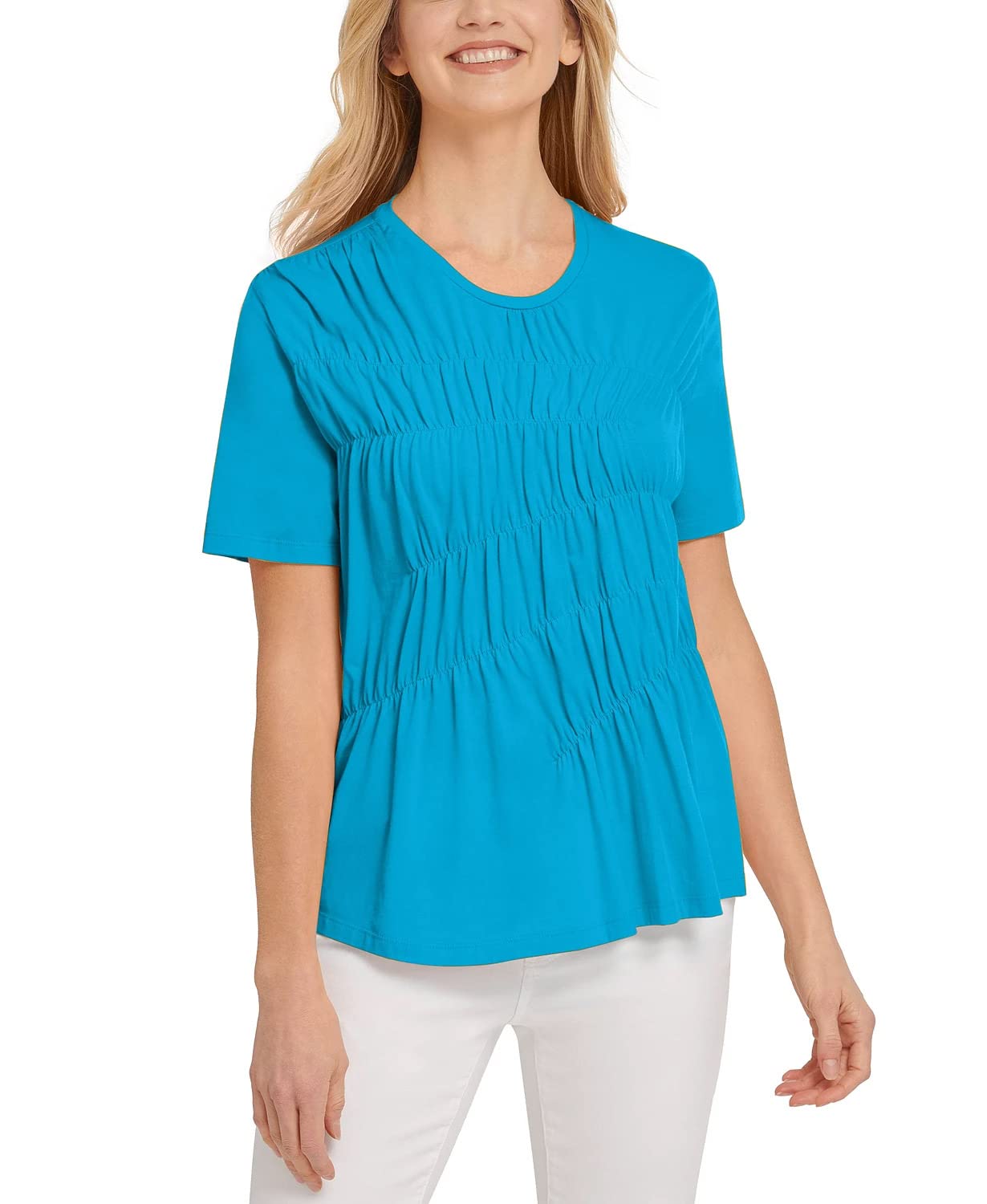 DKNY Womens Rouched Short Sleeve T-Shirt Blue XS