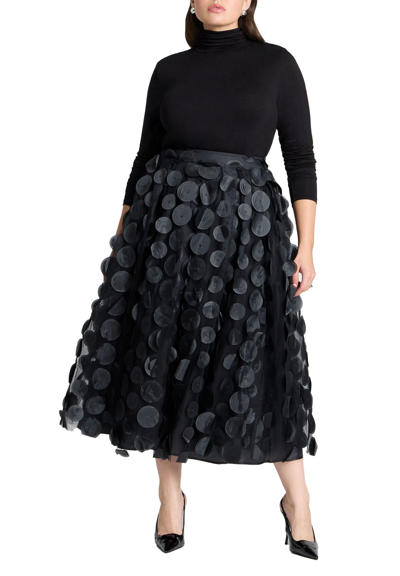 ELOQUII Women's Plus Size Dimensional Dot Full Skirt - 26, Black Onyx