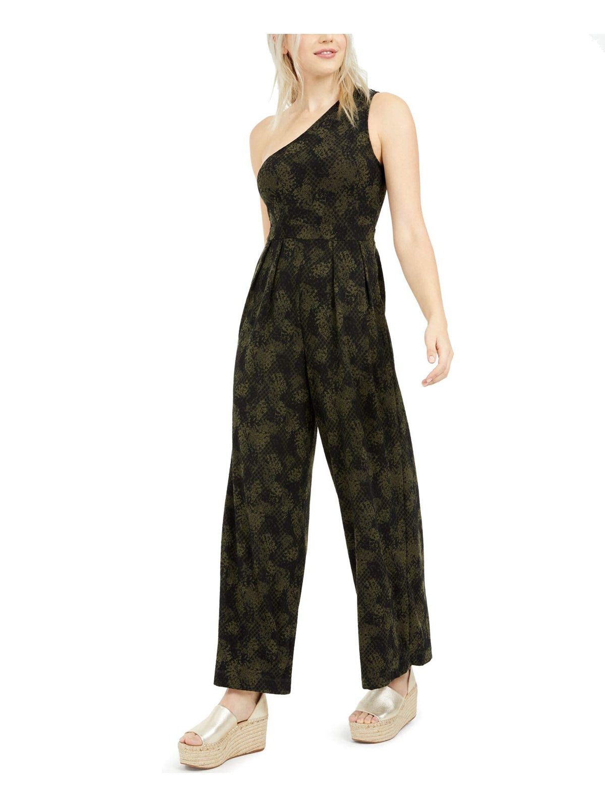 Free People Women's Maya One Shoulder Jumpsuit in Green Combo (Medium)