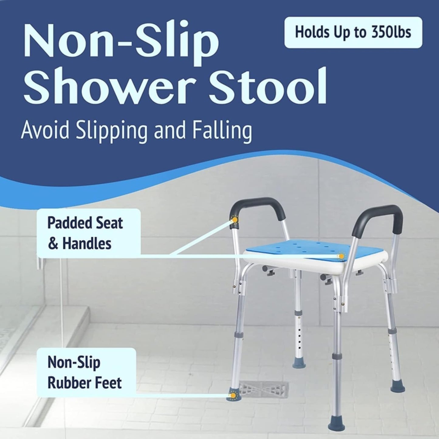 Shower Chair with Padded Seat - (White Stool with Rail)
