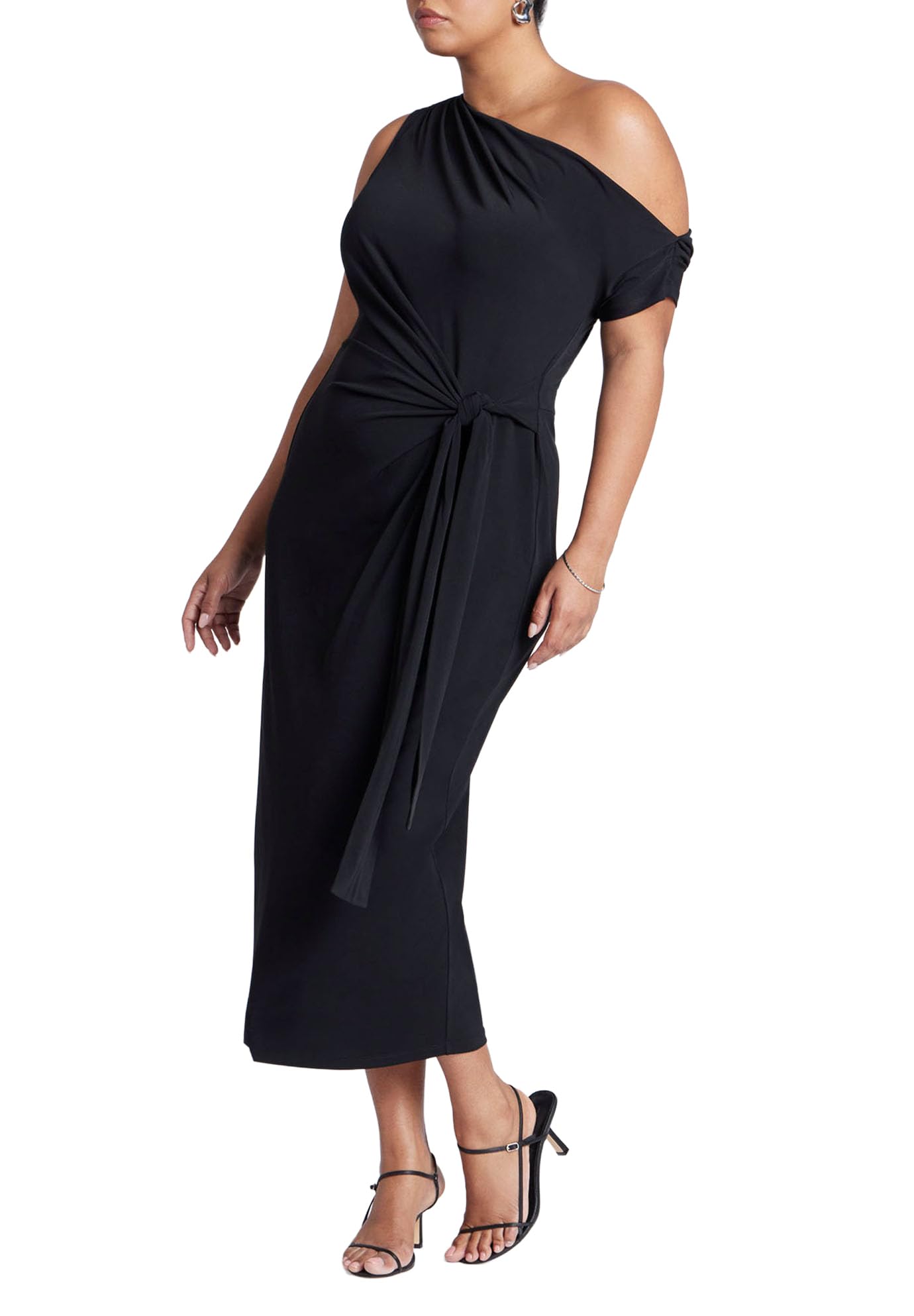 ELOQUII Women's Plus Size Off The Shoulder Tie Front Midi Dress - 16, Black Onyx