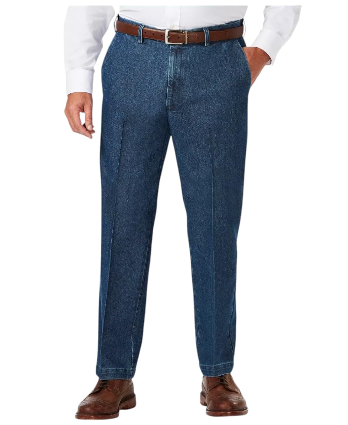Haggar Men's Big-Tall B&t Stretch Denim Expandable Classic Fit Flat Front Pant, Medium Blue, 44Wx29L