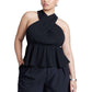 ELOQUII Women's Plus Size Halter Top with Peplum - 24, Black Onyx