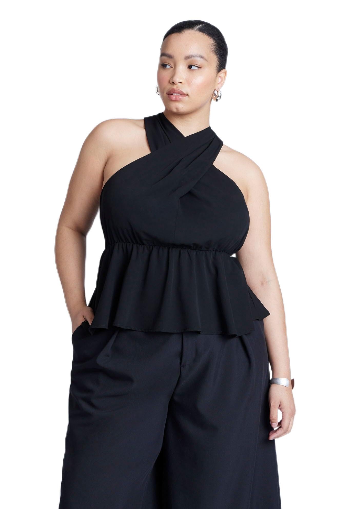 ELOQUII Women's Plus Size Halter Top with Peplum - 24, Black Onyx