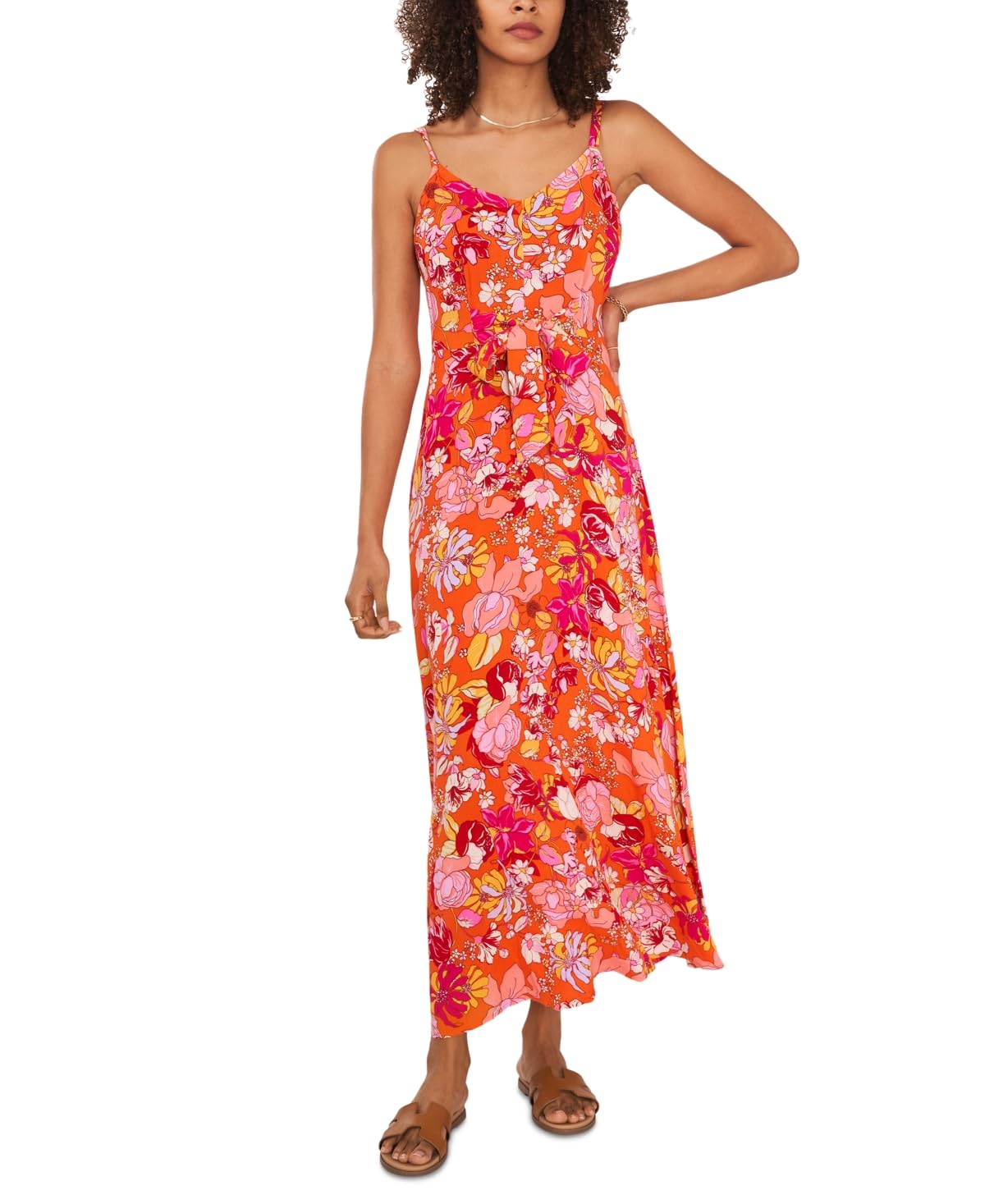 Vince Camuto Women's Floral Print V Neck Maxi Dress Orange Size Medium