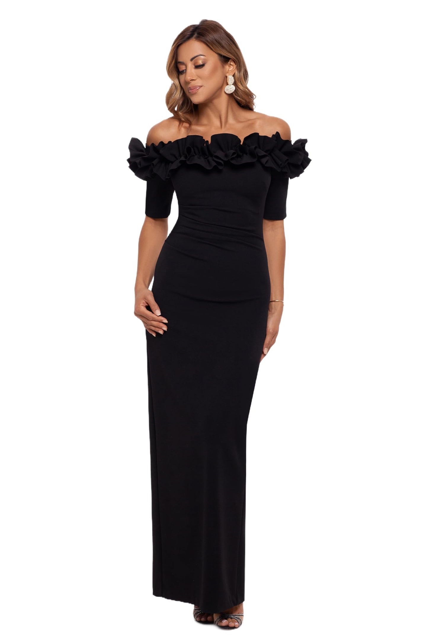Xscape Women's Long Off The Shoulder Scuba Crepe Dress (Reg and Petite), Black, 10P