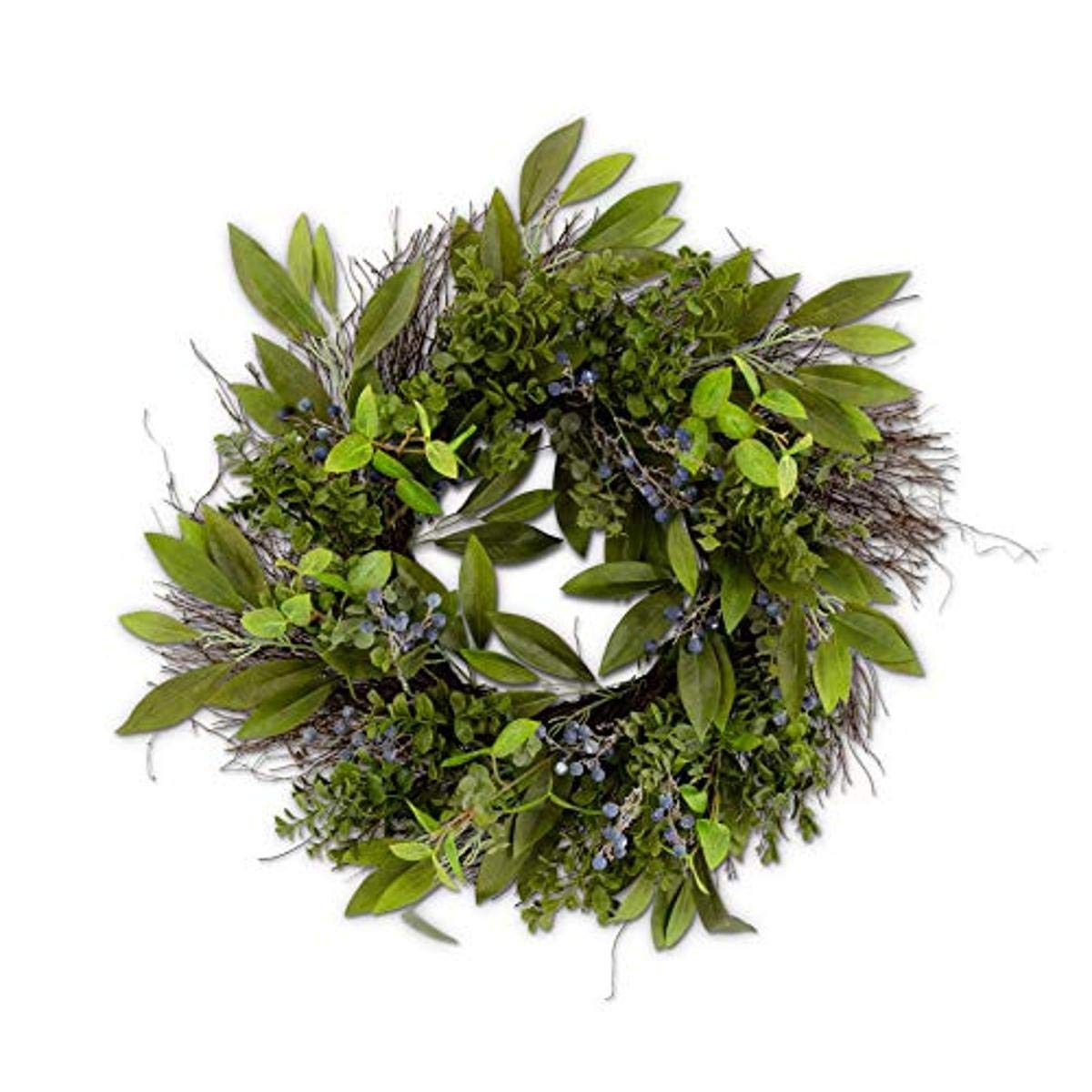 KK Interiors 17191A 28 Inch Boxwood  Blueberry Twig Wreath with Mixed Foliage Green