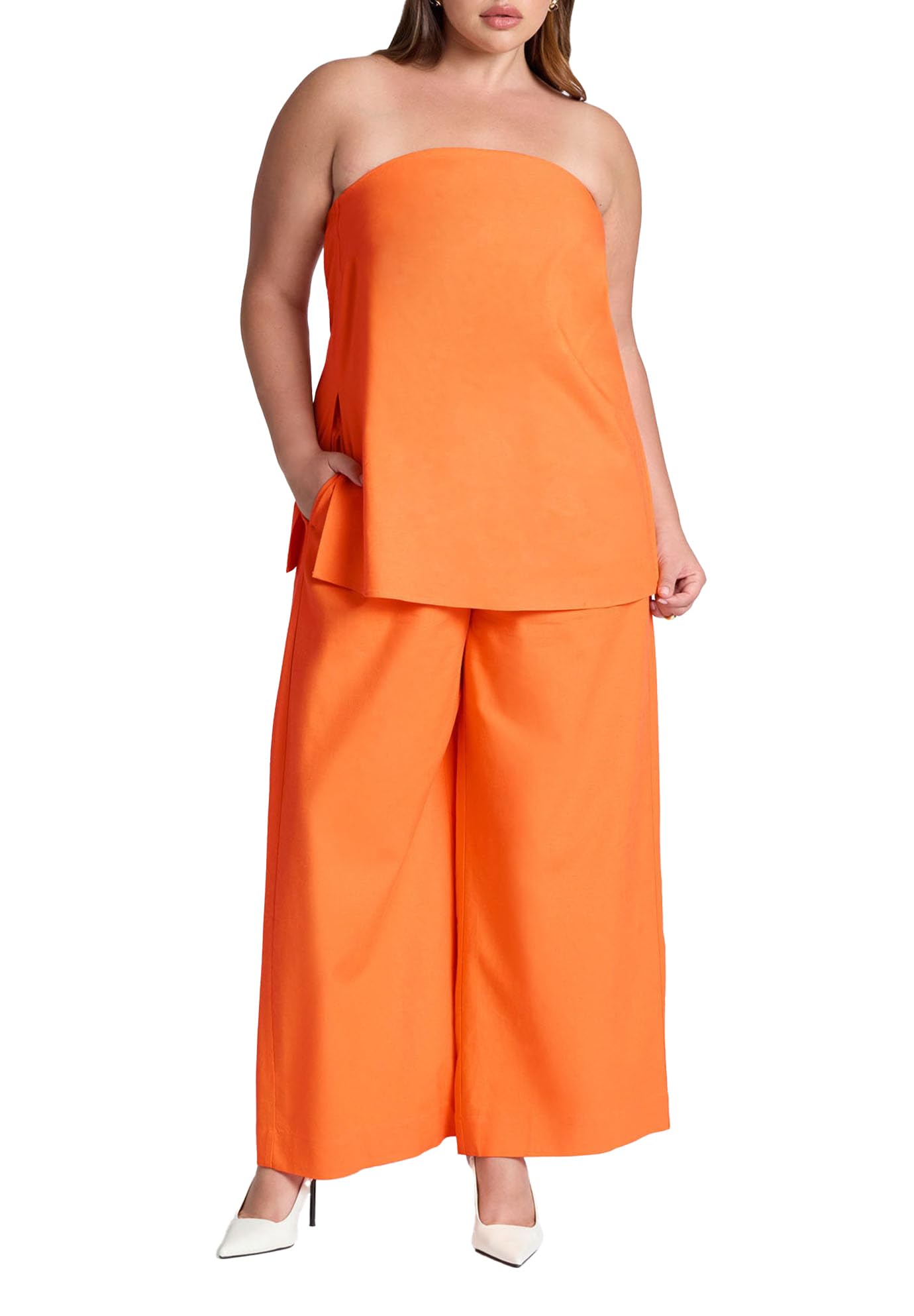 ELOQUII Women's Plus Size Easy Wide Leg Linen Pant - 24, Bright Orange