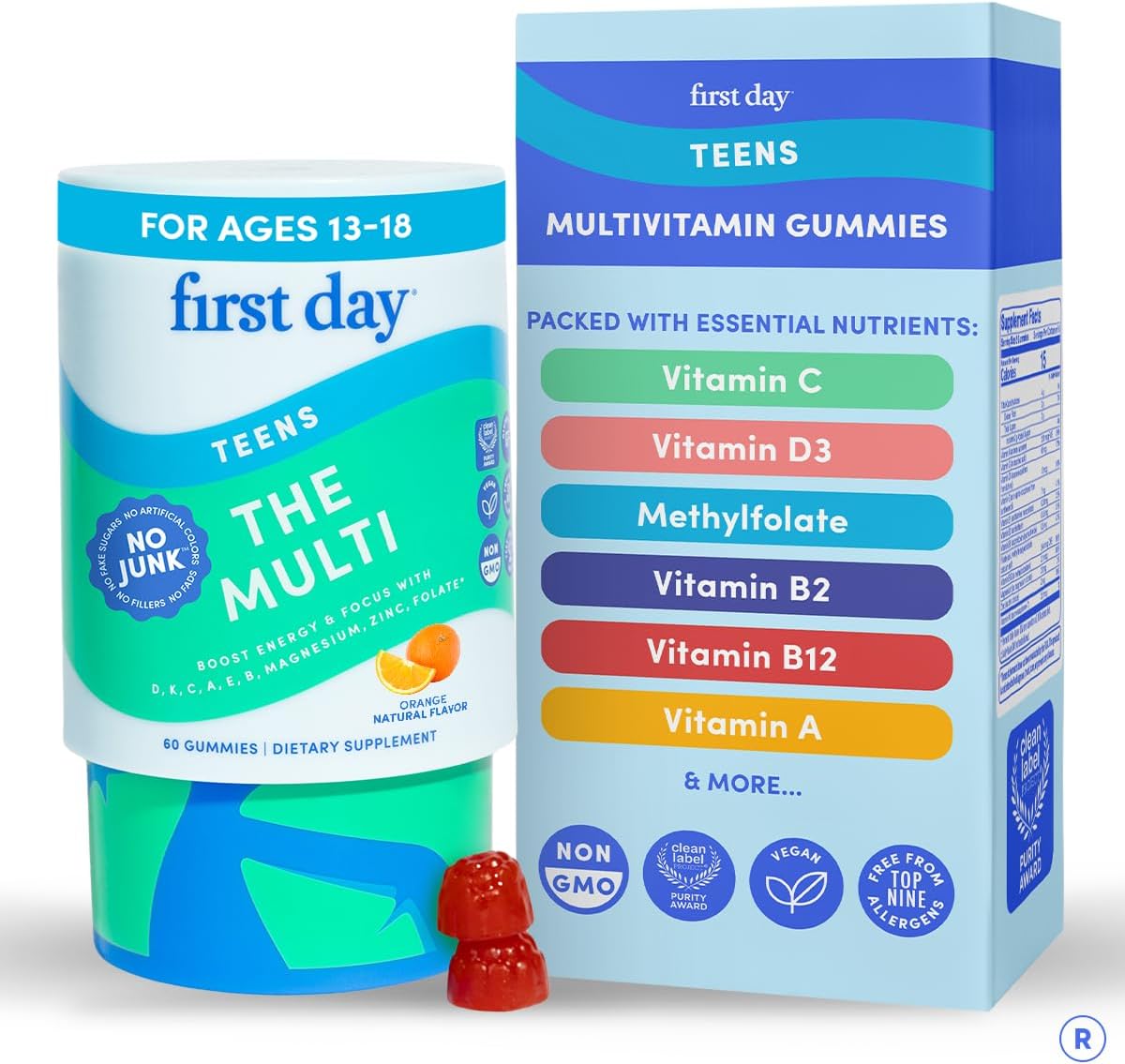 FIRST DAY Vitamins for Teens - Teen Multi Vitamins for Girls & Boys 12-17, Organic Fruit & Veggie Blend - 12 Key Nutrients: Vitamins A, B1, B2, B6, B9, B12, C, D3, E, K2-30 Day Supply