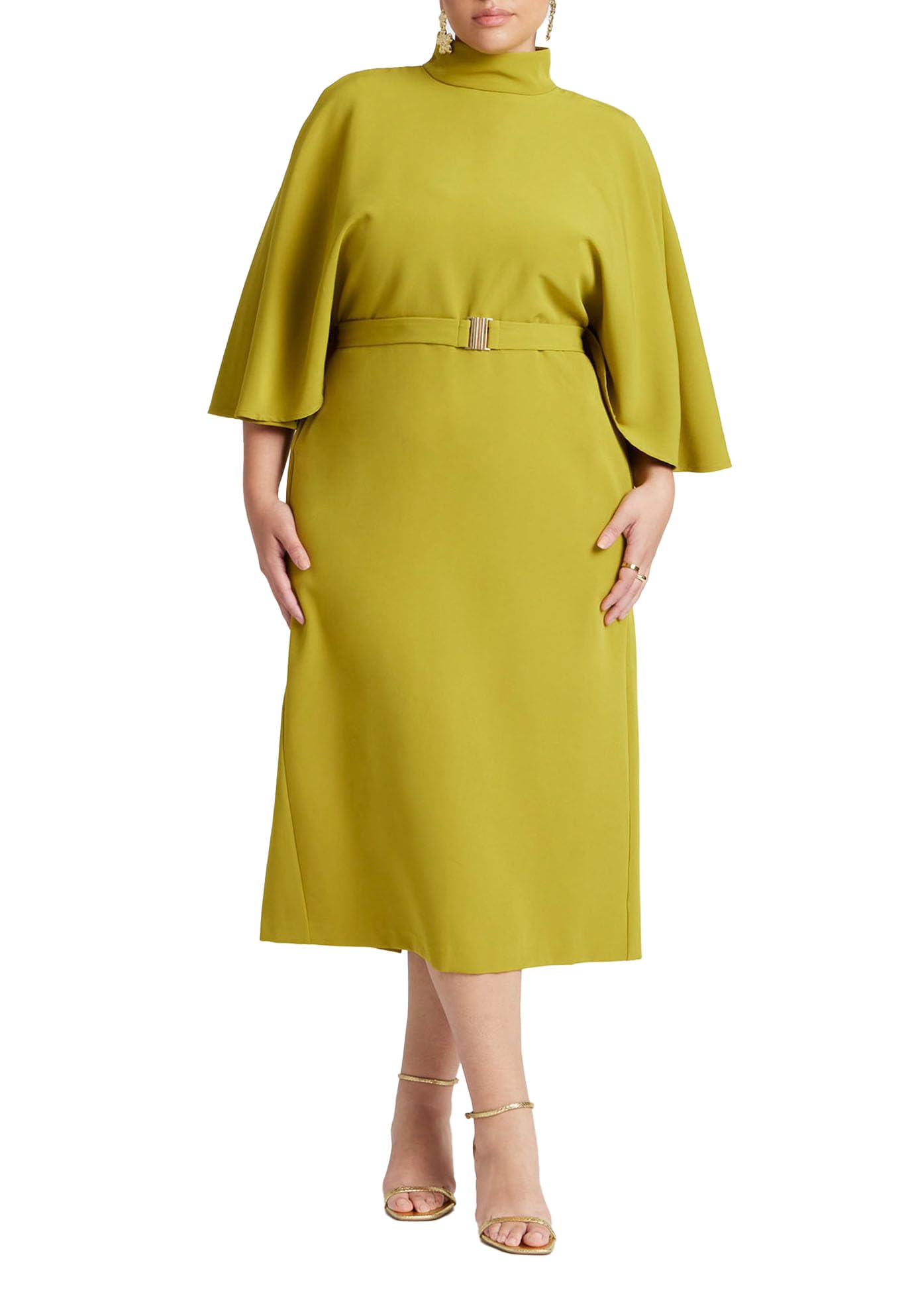 ELOQUII Women's Plus Size Cape Sleeve Belted Midi Dress - 16, Camp Green