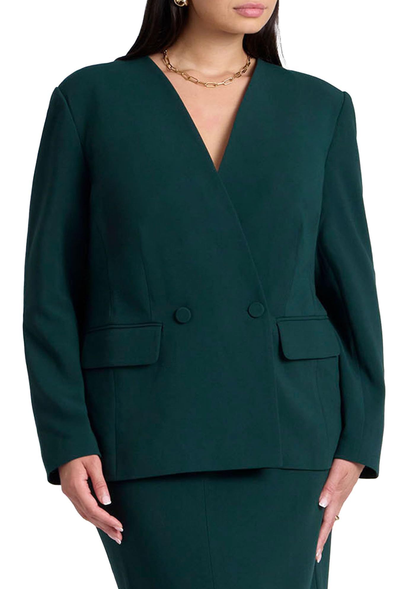 ELOQUII Women's Plus Size The 365 Semi Stretch Double Breast Collarless Blazer - 20, Pine Grove
