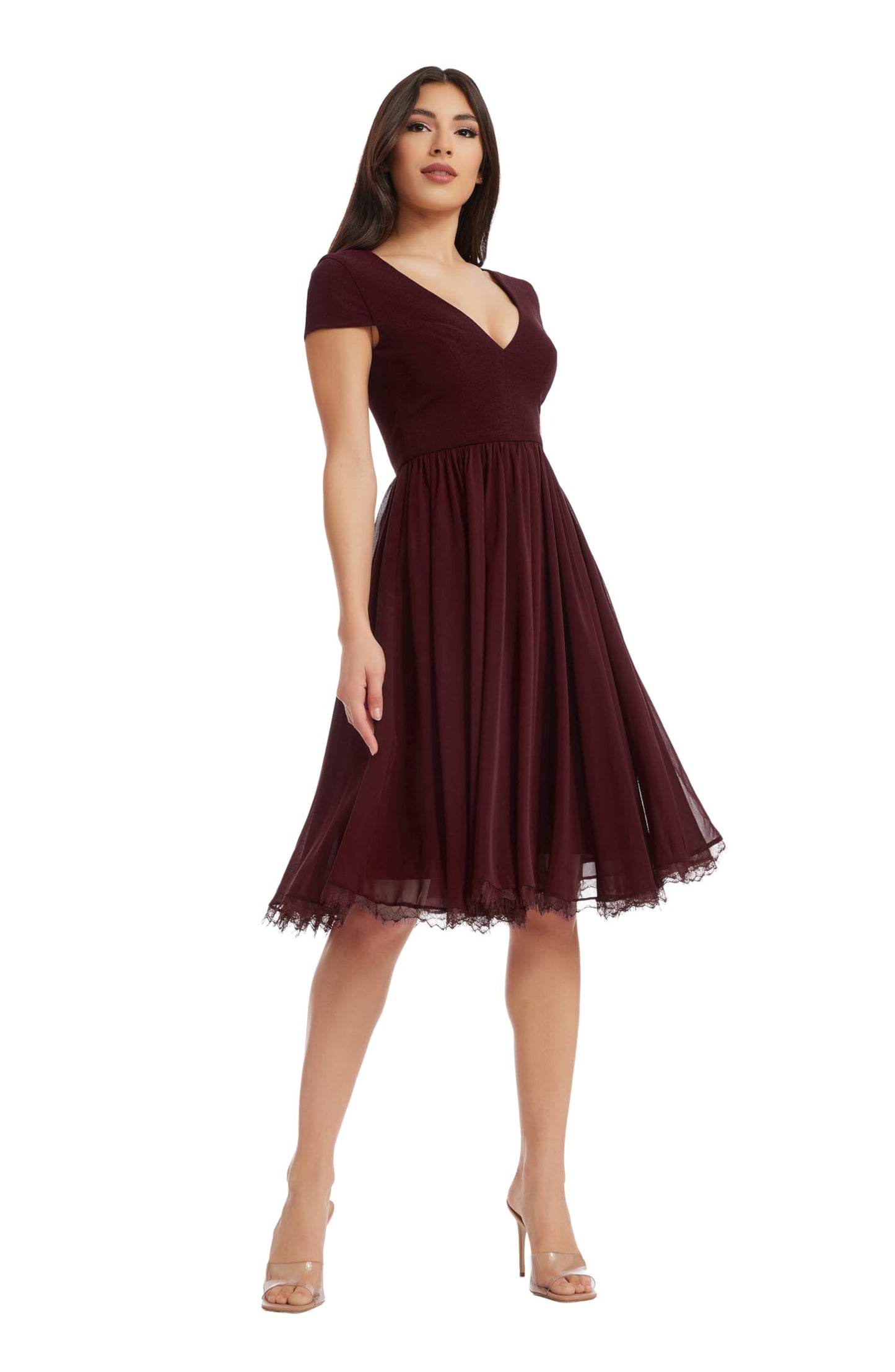 Dress the Population Womens Corey Plunging Mix Media Cap Sleeve A-line Midi Dress, Burgundy, X-Small US