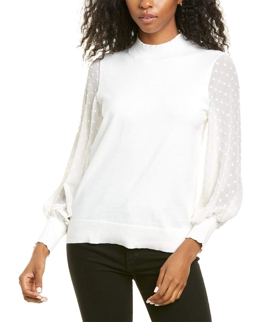 CeCe Long Sleeve Mock Neck Clip Sleeve Sweater Antique White SM