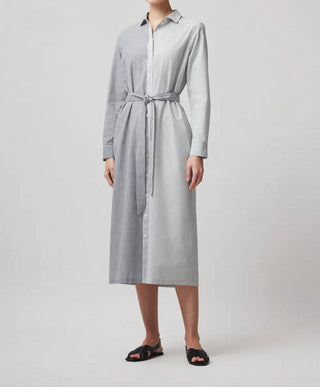 Atm - Mixed Stripe Shirting Belted Shirt Dress