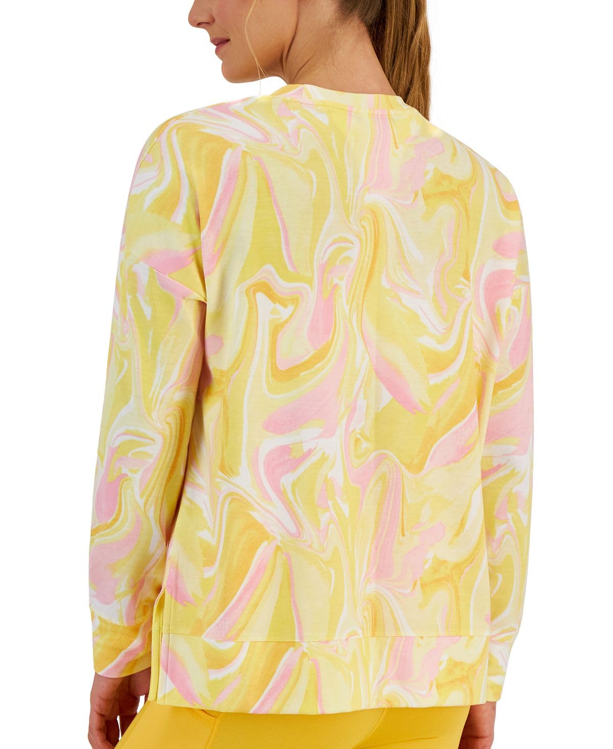 ID Ideology Womens Active Whirl Print Side Slit Relaxed Crewneck Sweatshirt Yellow Size Large