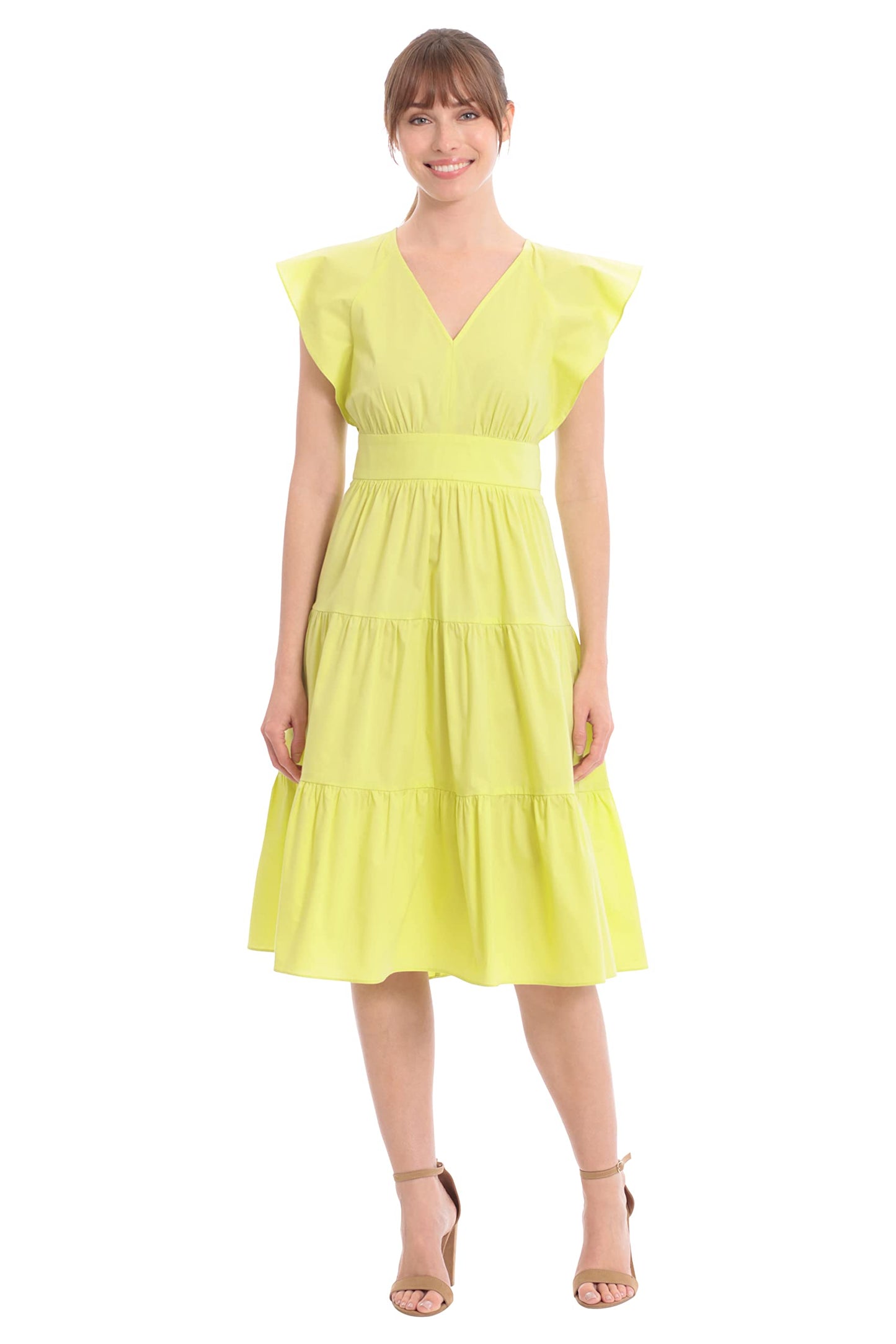 London Times Women's Cotton Poplin V-Neck Tiered Feminine Easy Summer Vacation Dress, Daiduiri Green