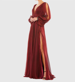 Mac Duggal - V-neck A-line Chiffon Gown Beaded Cuffs