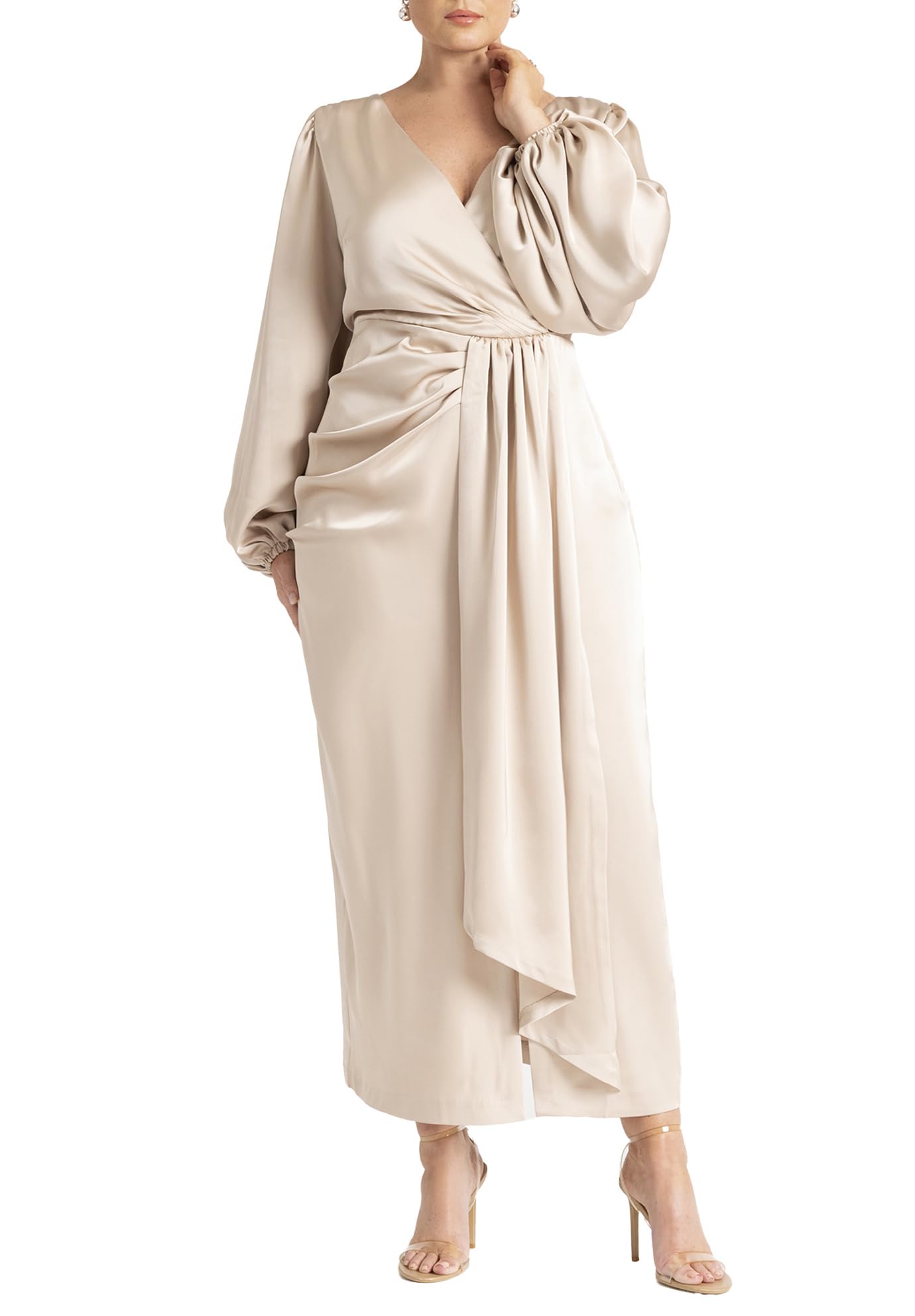 ELOQUII Women's Plus Size Satin Sleeve Pleated Dress - 20, Light Tan