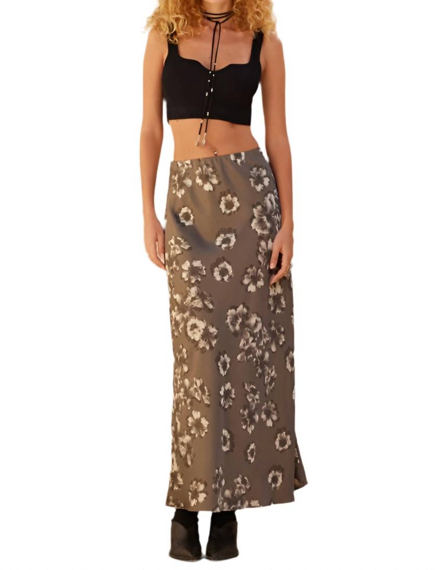 Promesa - Whispering Petals Bias-cut Floral Satin Maxi Skirt