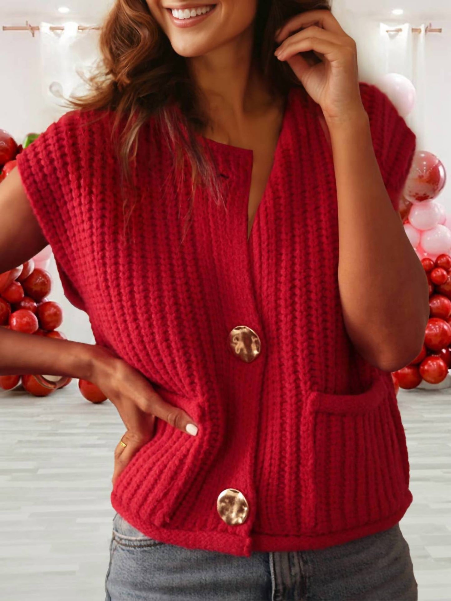 1 The Woman - Solid Textured Knit Buttoned Sweater Vest