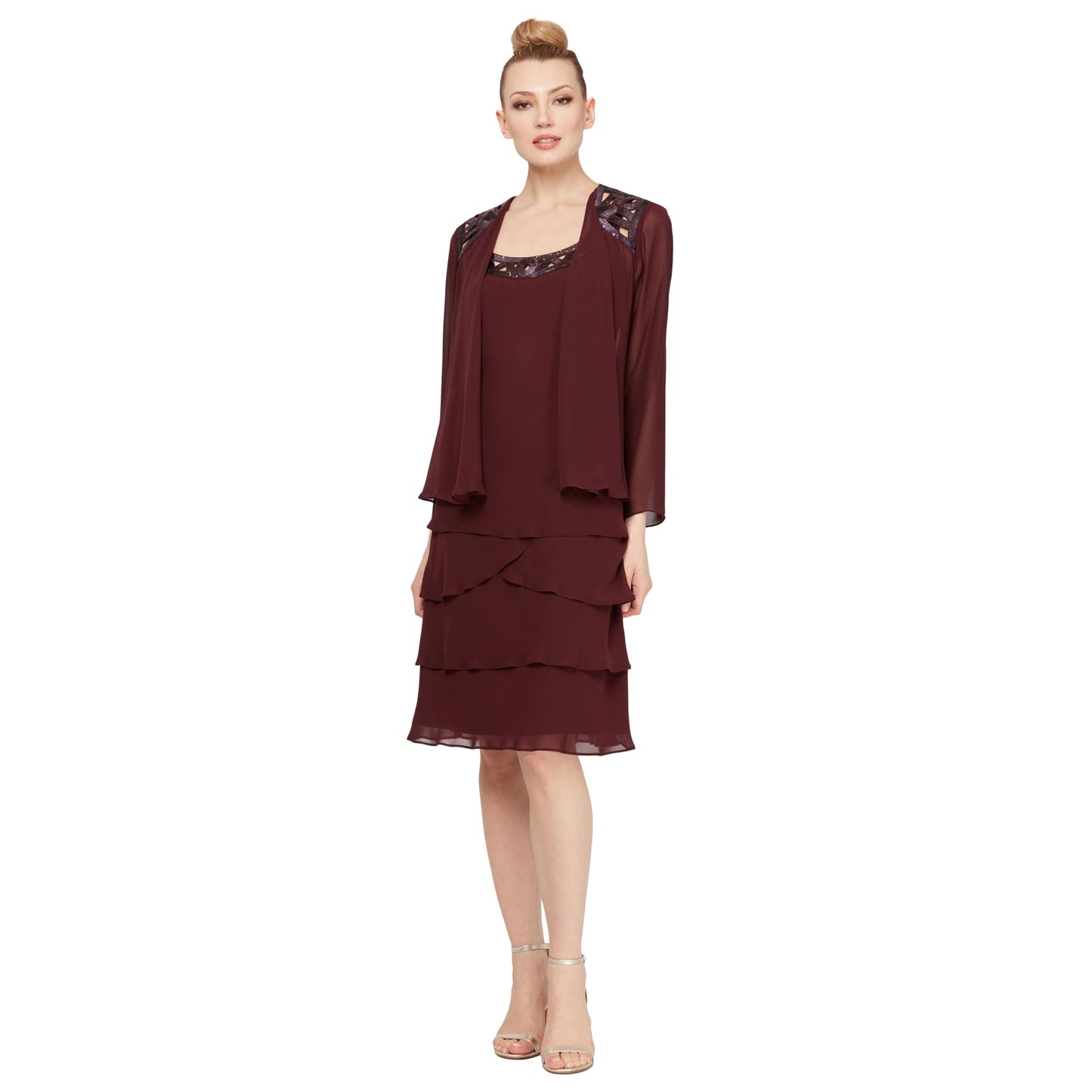 S.L. Fashions Women's Petite Mother of The Bride Jacket Dress with Sequined Cut Out Shoulder, Fig Cutout, 12