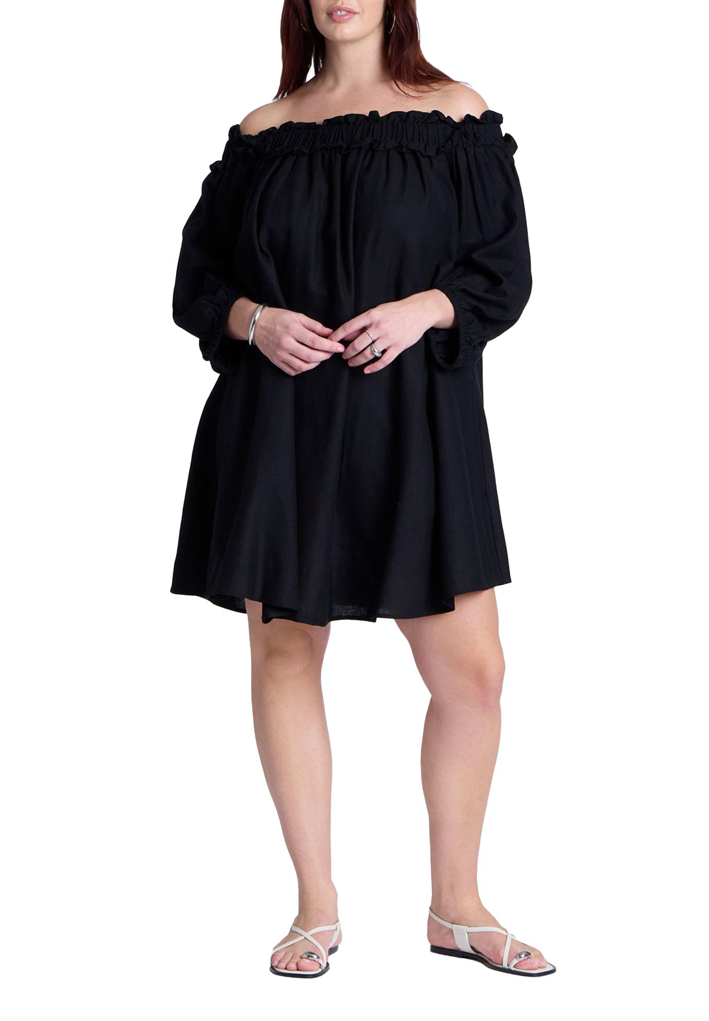 ELOQUII Women's Plus Size Ruffle Neckline Mini Dress - 14/16, Black Onyx