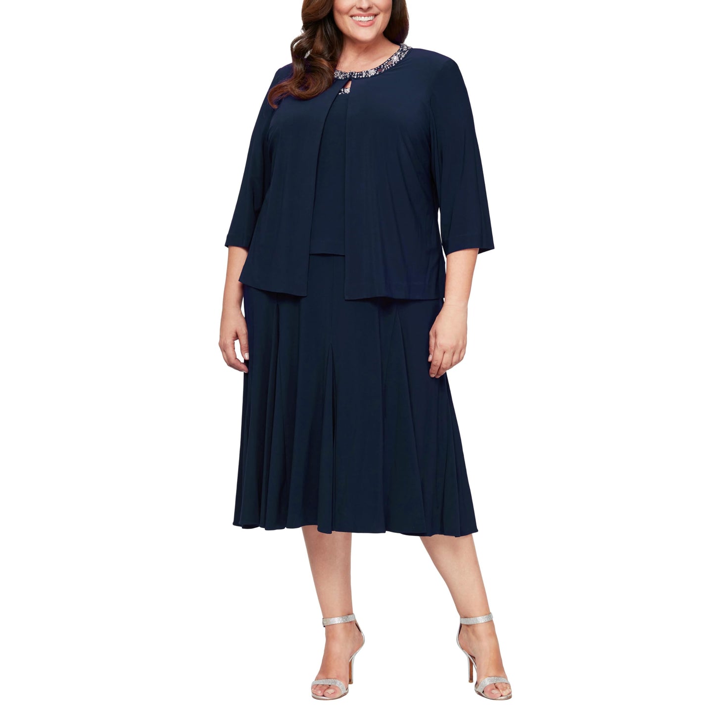 Alex Evenings womens Plus-size Tea Length Jacket With Sequin Beaded Trim Special Occasion Dress, Navy, 20 Plus