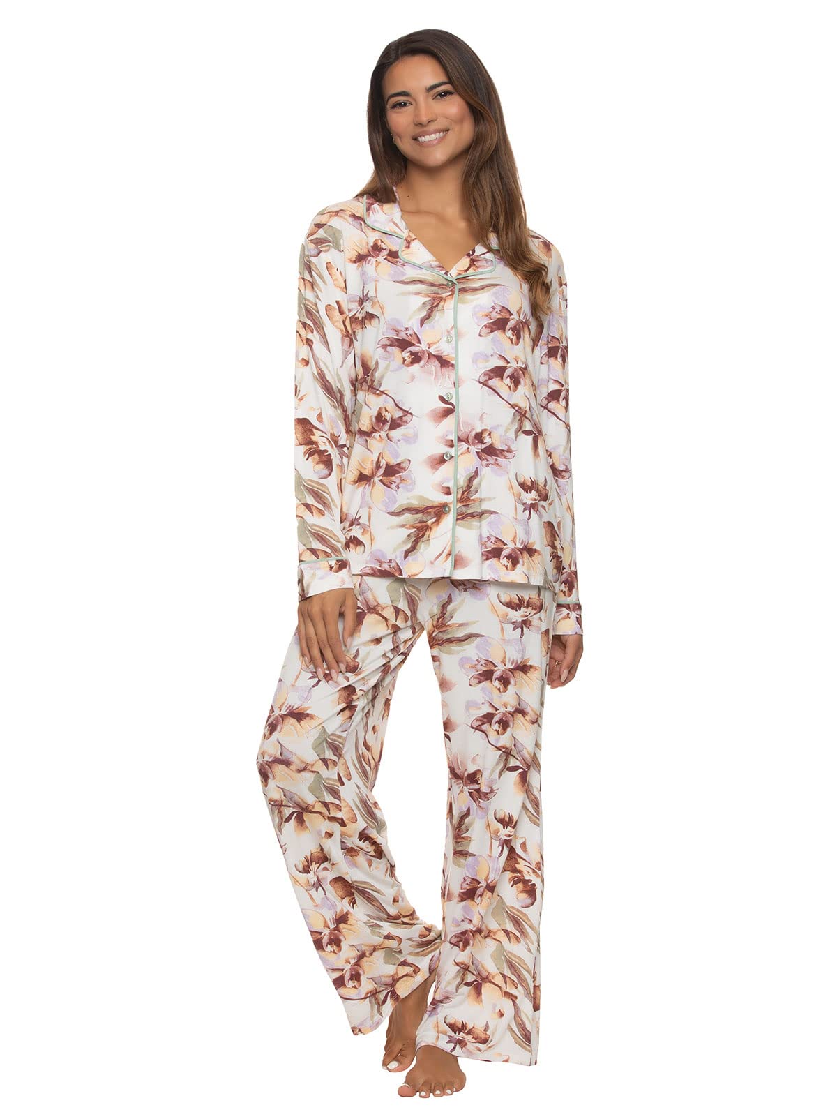 Felina Long Sleeve PJ Top w/Drawstring Pant Set (Watercolor Blooms, Small)