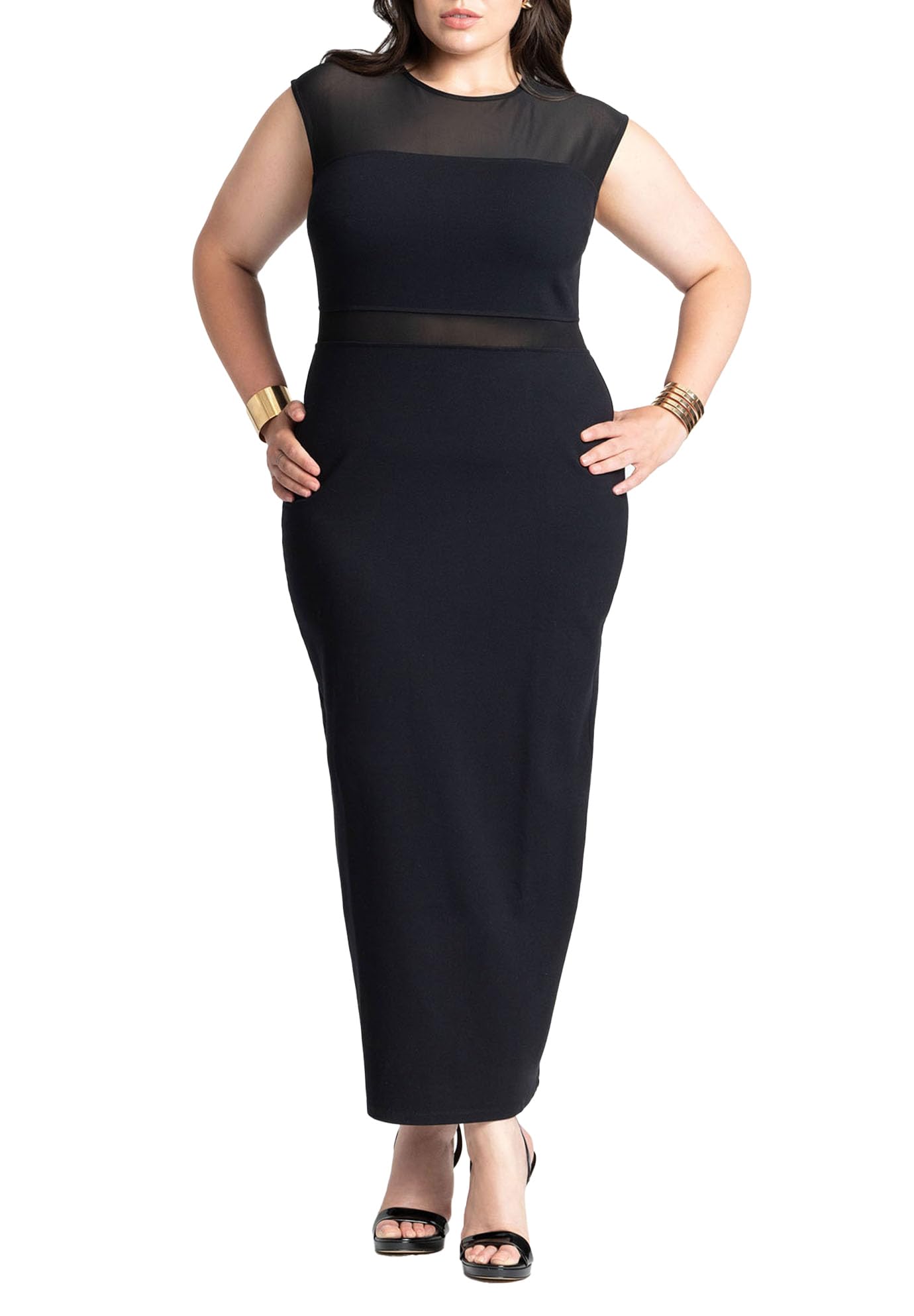 ELOQUII Women's Plus Size Cap Sleeve Mesh Midi Dress - 14, Black Onyx