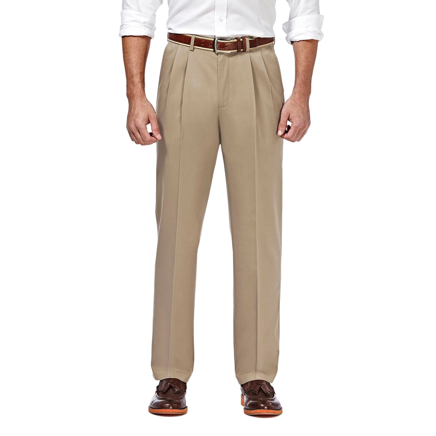 Haggar Mens Premium No-Iron Classic-fit Expandable-Waist Pleat-Front Casual Pants, Khaki Casual, 44W x 29L US