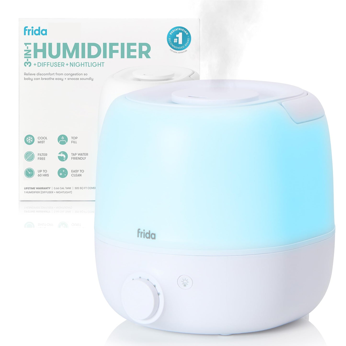 Frida Baby 3in1 Cool Mist Humidifier for Large Rooms Top Fill Humidifier for Bedroom Allergy Relief 60 Hour Runtime  Nightlight Auto ShutOff Quiet Carry Handle Essential Oil Diffuser